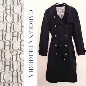 VTG Carolina Herrera Dk Navy Classic Belted Trench Coat Logo Lining Sz M